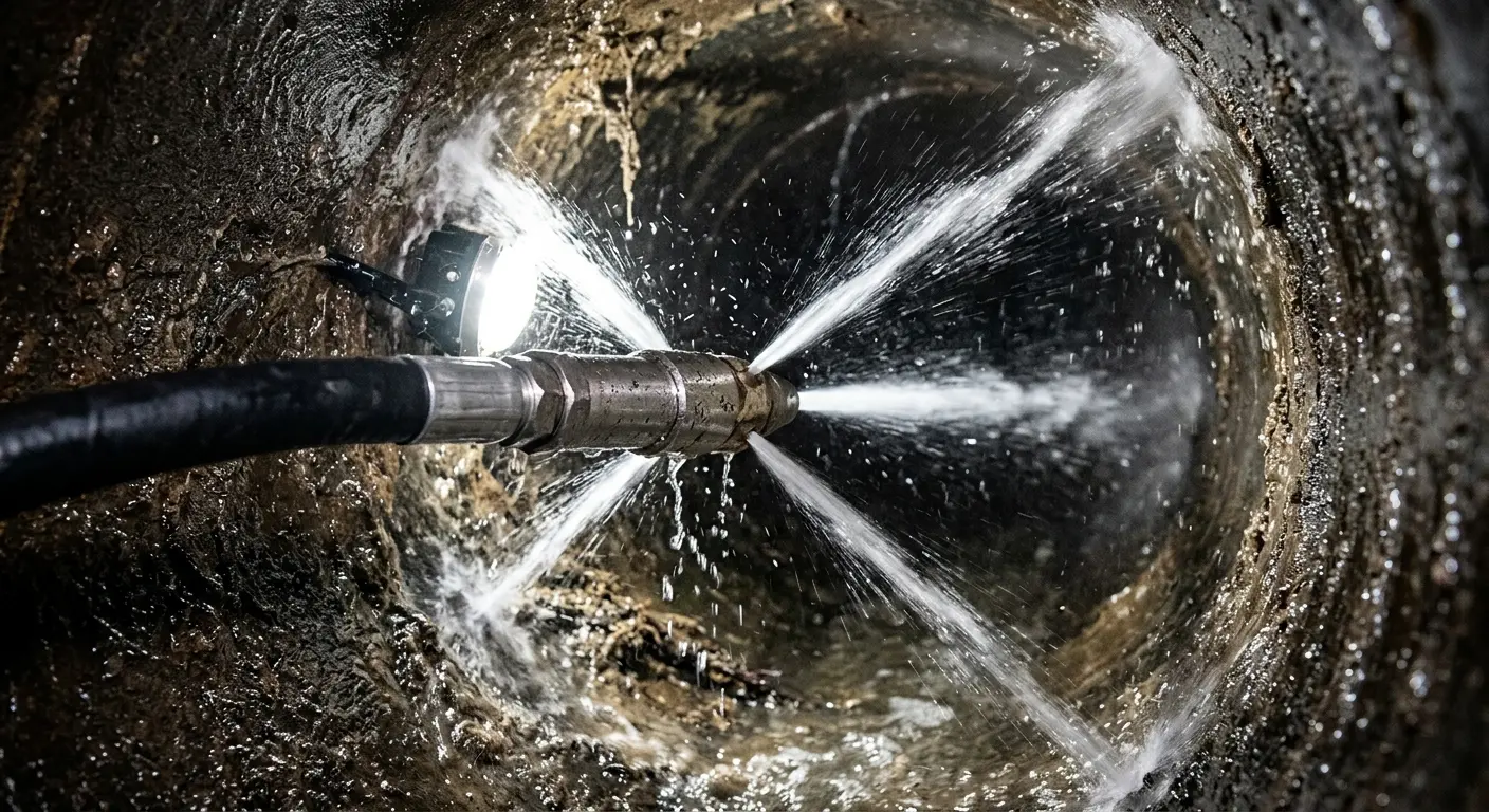 High-pressure hydro jetting nozzle cleaning sewer pipe for Trenchless Sewer Repair in Thomasville