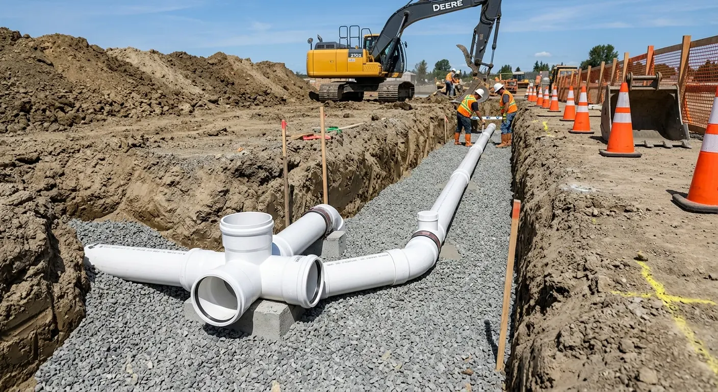 New PVC sewer pipe installation in open trench for Sewer Backup in Thomasville