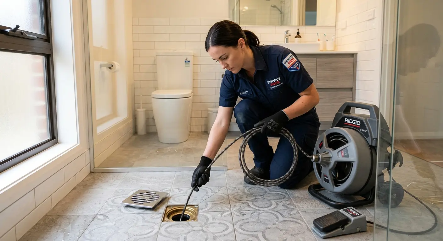 Technician clearing a bathroom floor drain for Clogged Drain Repair in Thomasville
